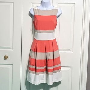 Lauren Ralph Lauren Pleated Fit Flair Dress Skater Striped Coral Cream White